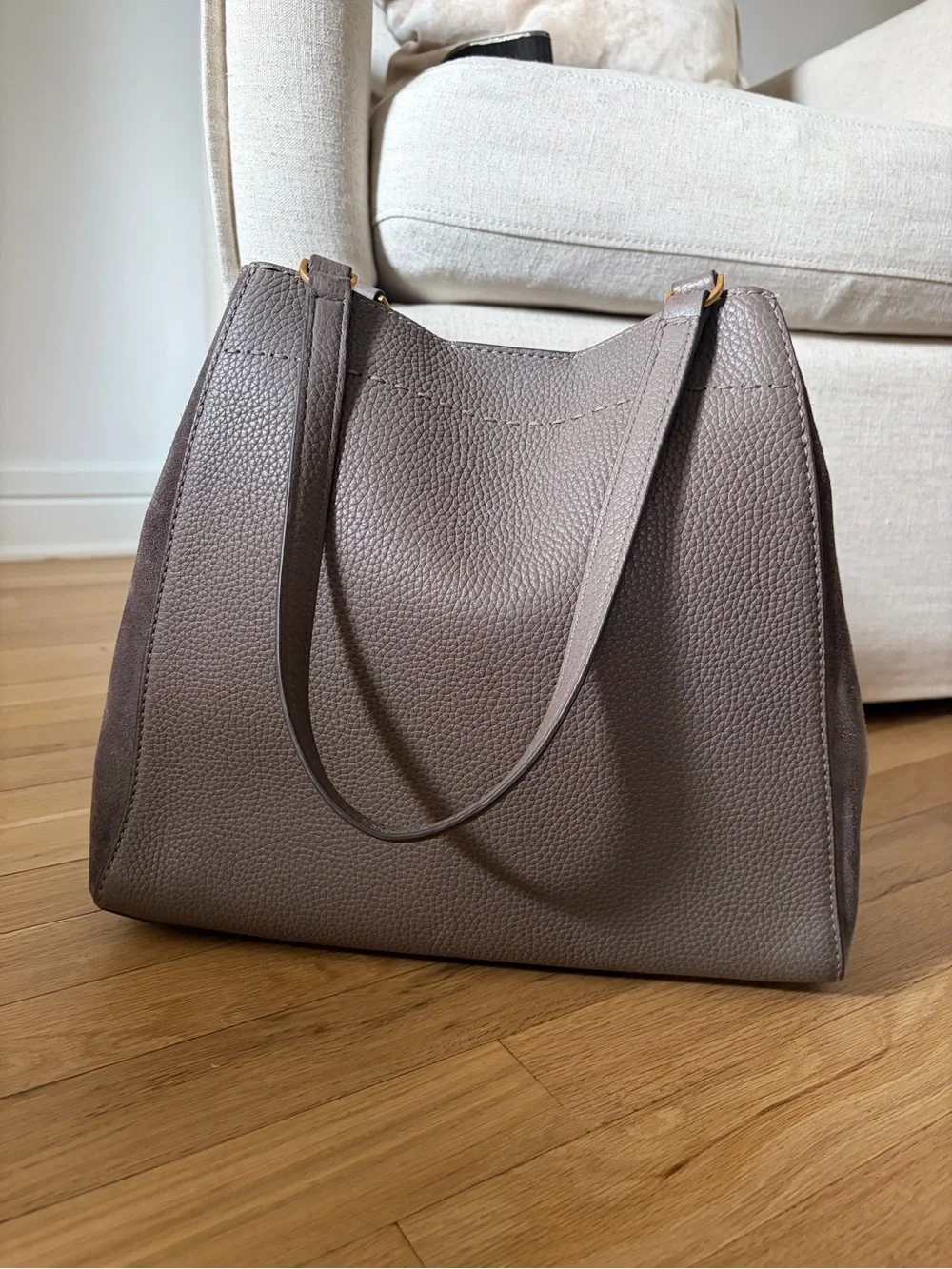 Tory Burch Taupe Pebbled Leather Shoulder Bag